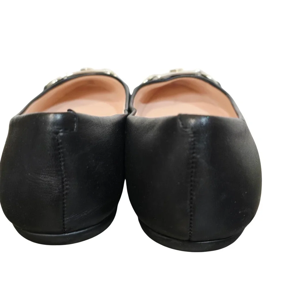 Kate Spade Payton Black Leather Flats Gold Hardware Spade Logo Size 6.5B A23/138
